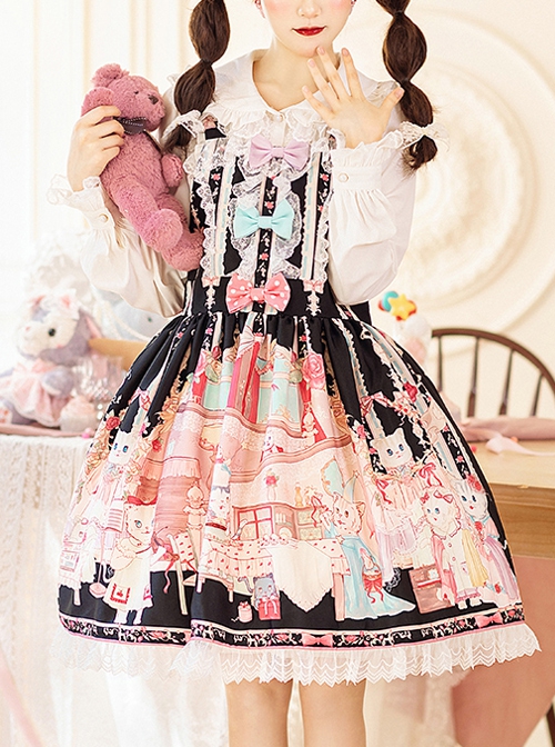 Cats Tea Party Series SK Bowknot Cute Printing Sweet Lolita Back Straps Skirt  |  Skirts