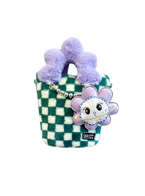 Checkerboard Patchwork Purple Plush Flower Handle Design Detachable Purple Beaded Shoulder Strap Sweet Lolita Portable Messenger Bag  |  Lolita Bags