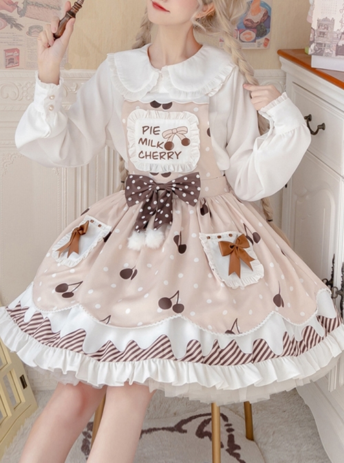 Cherry Milk Pie Series JSK Cute Polka Dot Pattern Brown Element Bow Tie Pleated Lace Classic Lolita Sling Dress  |  Classic Lolita Dresses