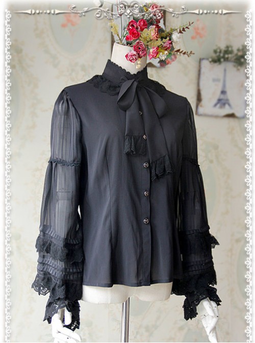 Chiffon Black Transparent Glass Striped Stand Collar Bow-tie Lolita Long Sleeve Shirt  |  Blouses