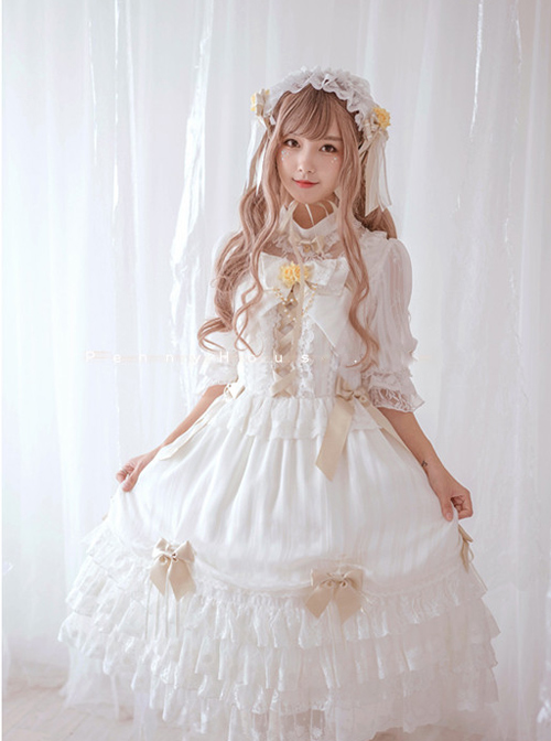 Chiffon Bowknot Lace Little Turtleneck Sweet Lolita Short Sleeves Dress  |  Plus Size Lolita Dresses