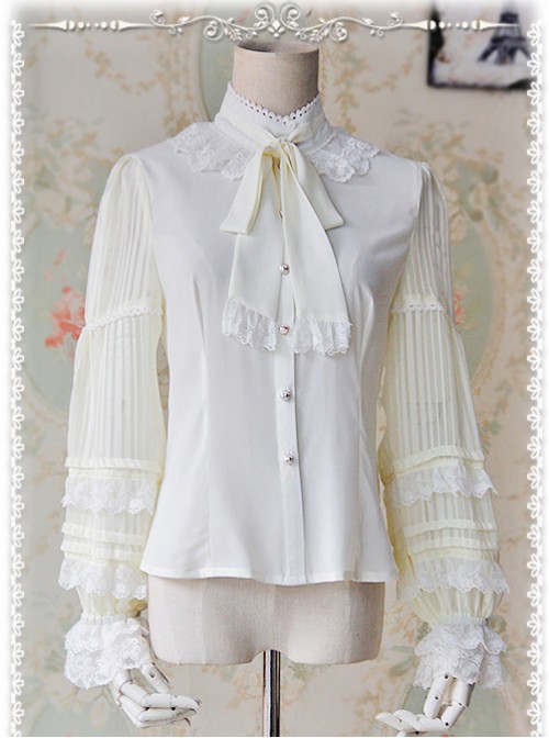 Chiffon Creamy-white Transparent Glass Striped Stand Collar Bow-tie Lolita Long Sleeve Shirt  |  Blouses