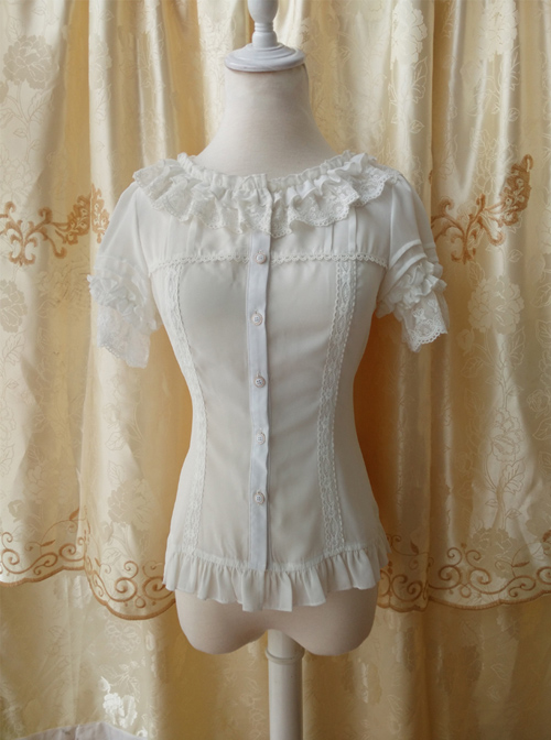 Chiffon Lace Ruffle Round Collar Slim Lolita Shirt  |  Blouses