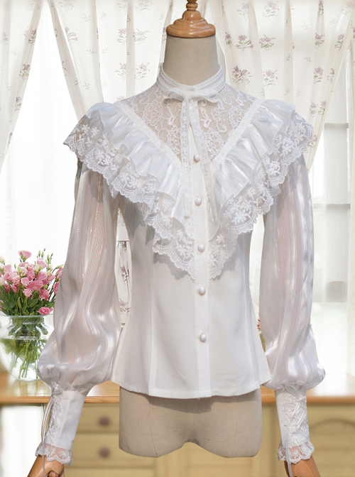 Chiffon Retro Slim Small Standing Collar Lolita Long Sleeve Shirt  |  Blouses