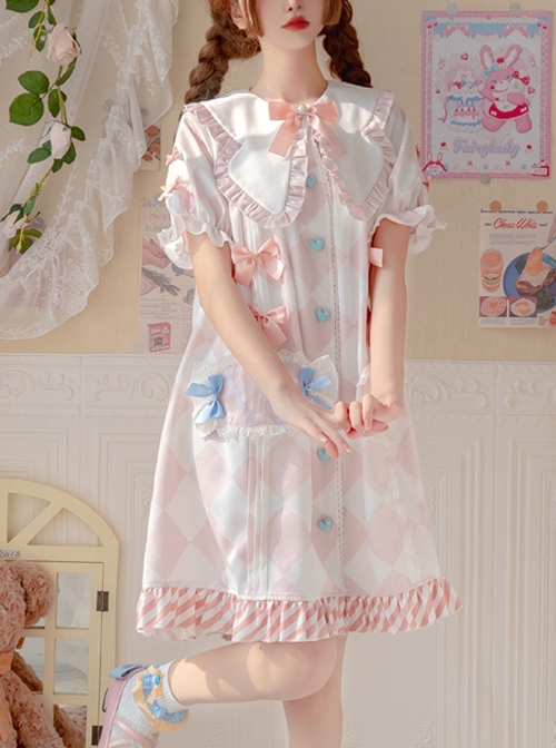 Child Dream Paradise Series OP Pink Diamond Pattern Irregular Cute Pockets Heart Button Large Pleated Neckline Dress  |  Classic Lolita Dresses