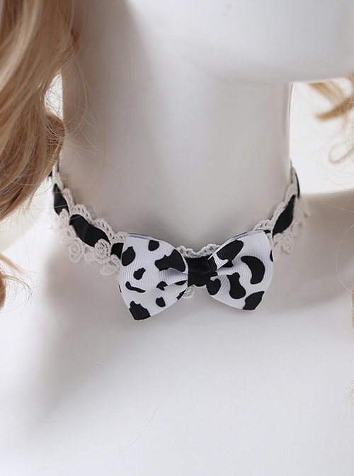 Childlike Milk Cow Pudding Black White Spots Bowknot Kawaii Cute Childlike Sweet Lolita Necklace  |  Lolita Necklaces