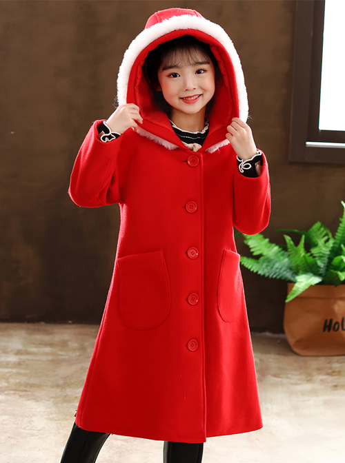 Children Autumn Winter Thickening Red Hooded Mid-length Coat  |  Kids Coat