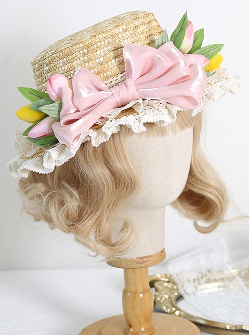 Children Pink Tulip Lace Bow Knot Decoration Classic Lolita Summer Shade Elegant Straw Woven Hat  |  Lolita Headbands