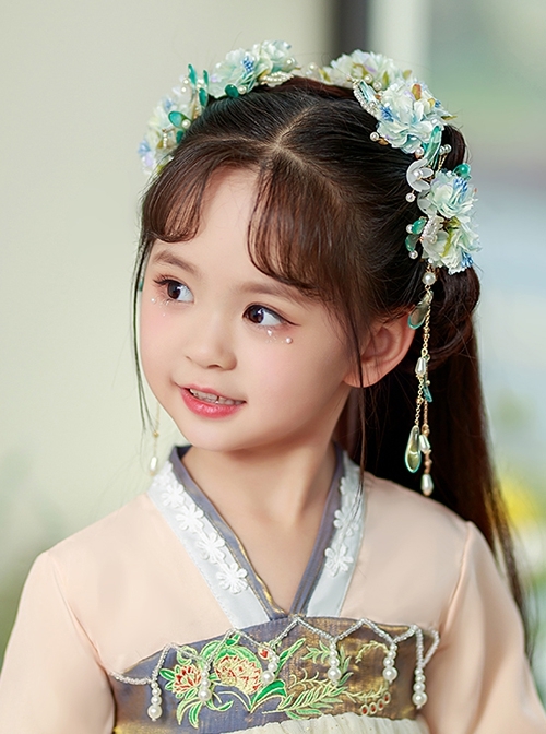 China Style Blue Flowers Super Fairy Hanfu Tassel Hairpin Kids Hair Accessories Set  |  Kids Headbands