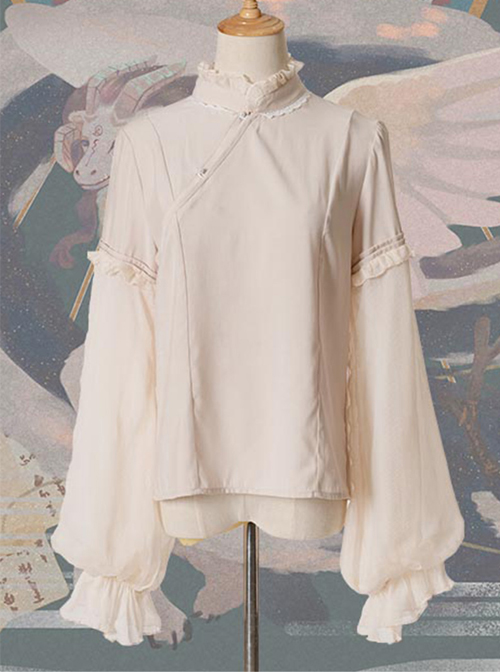 Chinese Style Beige Stand Collar Classic Lolita Long Sleeve Shirt  |  Blouses