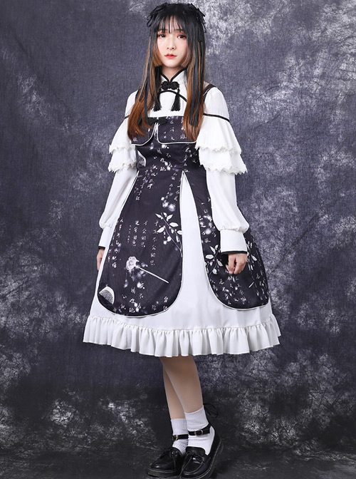 Chinese Style Black Printing Classic Lolita White Long Sleeve Dress Set  |  Classic Lolita Dresses