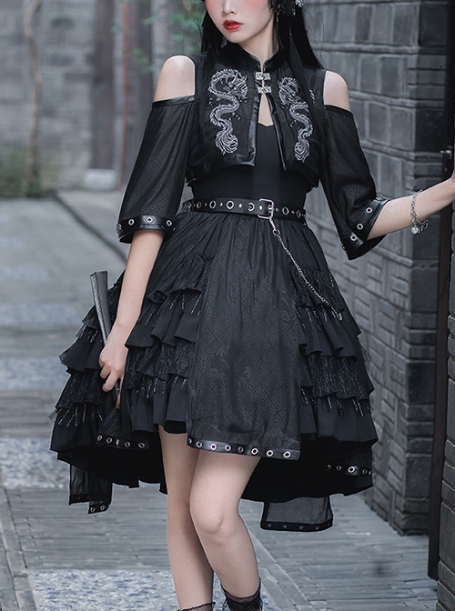 Chinese Style Black Stand-Up Collar Off-The-Shoulder Mid-Sleeve Embroidered Short Coat Metal Decorate Hem Punk Lolita Sleeveless Dress Suit  |  Punk Lolita Dresses