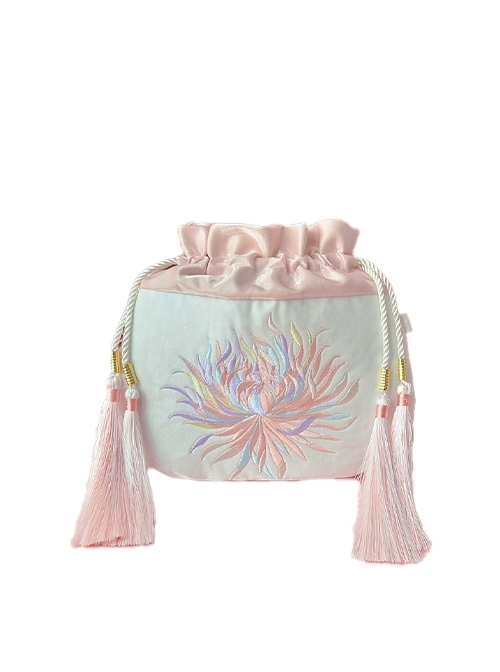 Chinese Style Elegant Classic Purse Pink Lotus Embroidery Tassel Ribbon Elastic Cord Crossbody Hanfu Bag  |  Lolita Bags