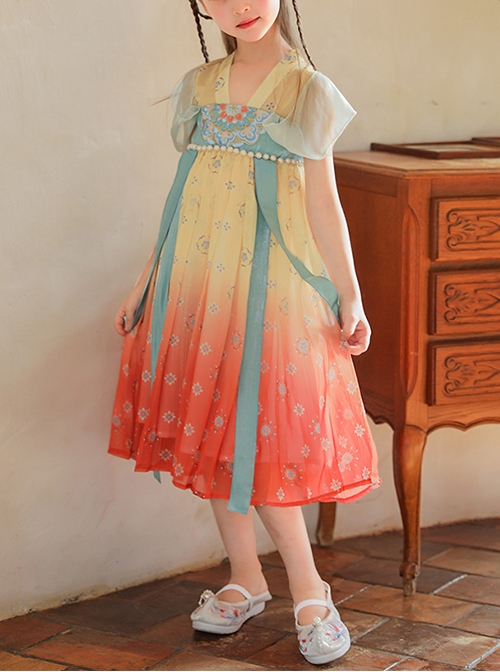 Chinese Style Flowy Vintage Silk Streamers Exquisite Embroidery Pearl Decoration Gradient Hem Kids Dress  |  Kids Dresses