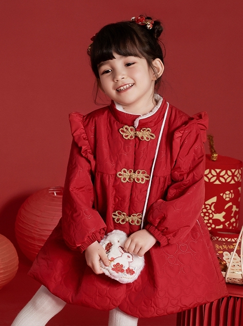 Chinese Style Red Autumn Winter Love Pattern Bunny Embroidered Plush Bag Kids Long-Sleeved Coat  |  Kids Coat