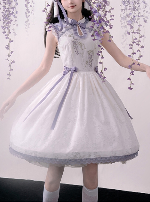 Chinese Style Stand Collar Purple Wisteria Embroidered Printing Bowknot Decoration Classic Lolita Sleeveless Dress  |  Classic Lolita Dresses