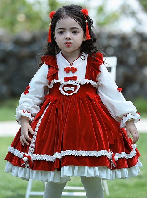 Chinese Style Stand-Up Collar Red Velvet Fake Two-Piece Stitching Lantern Sleeve Autumn Winter Classic Lolita Kids Long-Sleeved Dress  |  Kids Dresses