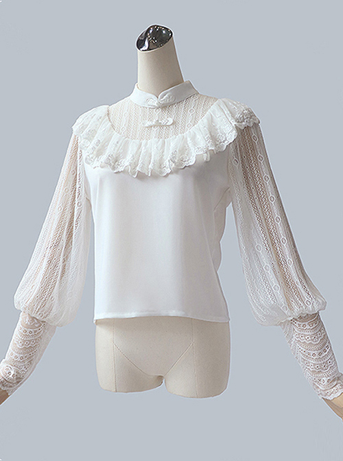 Chinese Style White Lace Sheep-leg Sleeve Classic Lolita Shirt  |  Blouses