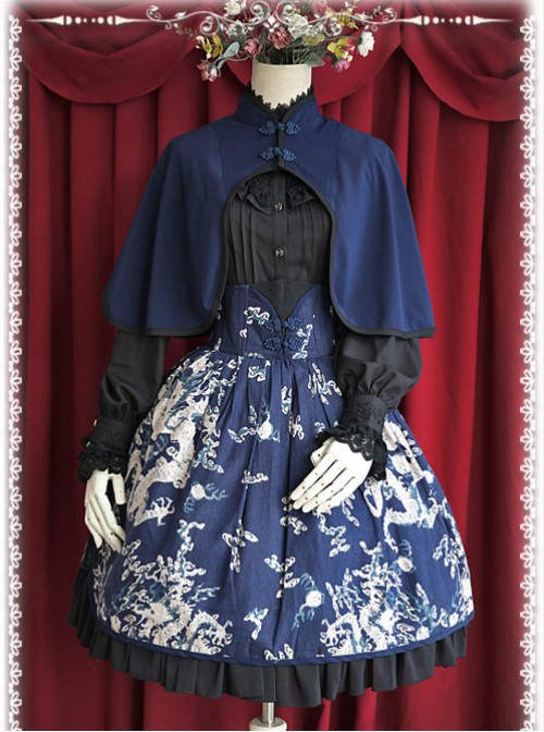 Chinese Wind Dragon High Waist Dark Blue Qi Lolita Skirt  |  Skirts