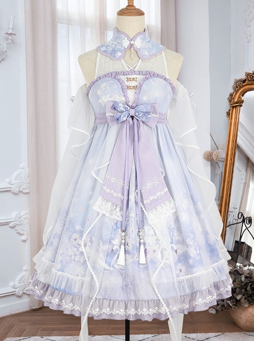 Chinoiserie Purple Stand Collar Lace Bead Chain Bow Fringe Design Swan Castle Print Classic Lolita Sleeveless Dress  |  Classic Lolita Dresses