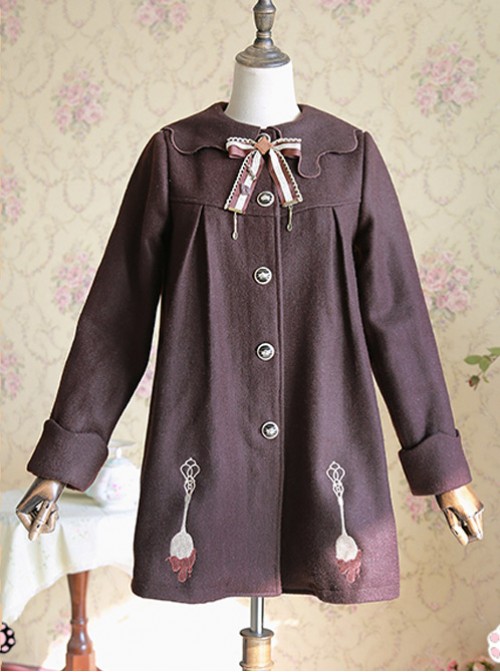 Chocolate Sauce Series Embroidery Chocolate Color Plus Velvet Lolita Coat  |  Coat & Jacket