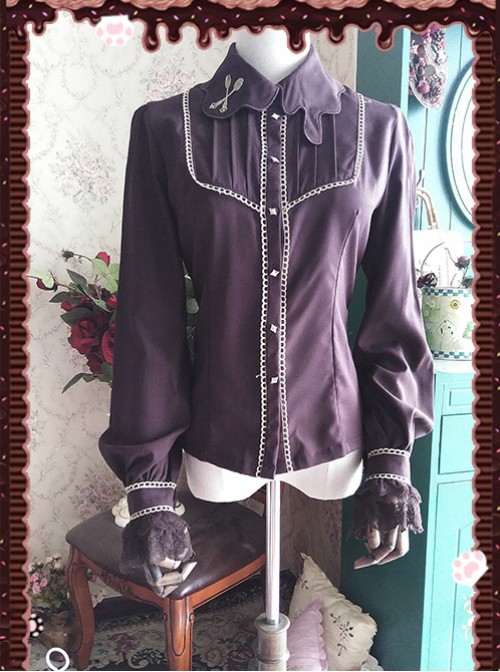 Chocolate Sauce Series Embroidery Dark Brown Long Sleeve Classic Lolita Shirt  |  Blouses