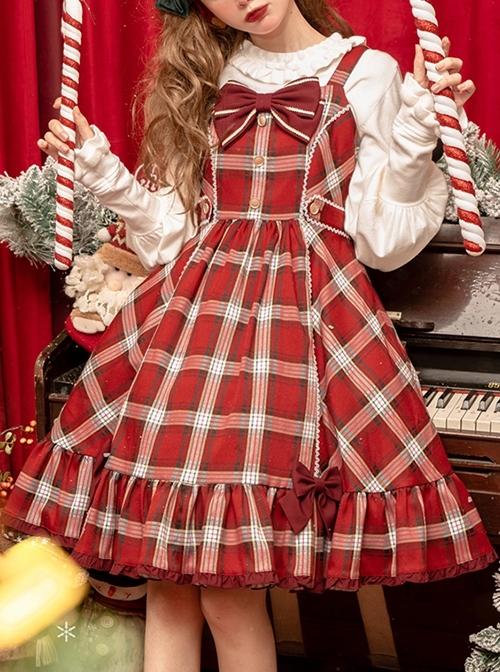 Christmas Eve’s Carol Series Red Plaid Sweet Red Bow Simple A-Line Skirt Christmas Classic Lolita Sleeveless Dress  |  Classic Lolita Dresses