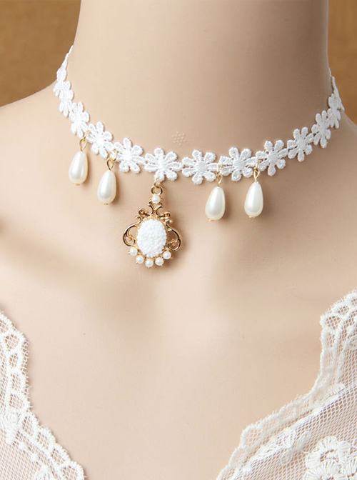 Christmas Gift Snowflake Pendant Lace Pearl Lolita Choker  |  Lolita Necklaces