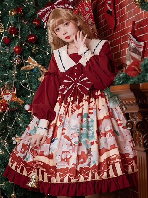 Christmas Little Bear Series Cute Navy Collar Christmas Print Lantern Sleeves Lace Bow Classic Lolita Long Sleeve Dress  |  Classic Lolita Dresses