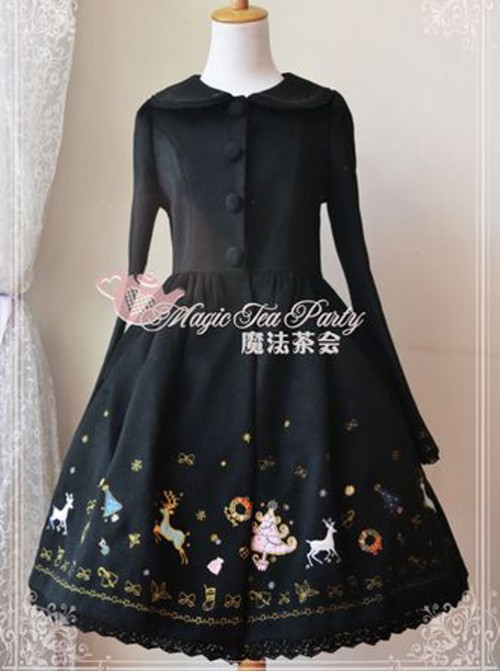 Christmas Morning Light Embroidery Black Classic Lolita Overcoat  |  Coat & Jacket