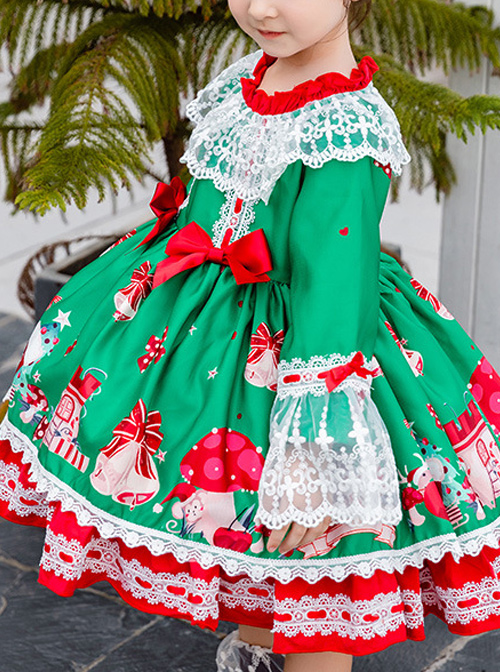 Christmas Party Printing Children Sweet Lolita Kids Green Long Sleeve Dress  |  Kids Dresses