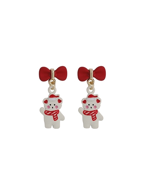 Christmas Series Red Bowknot White Bear Alloy Classic Lolita Earrings  |  Lolita Earrings