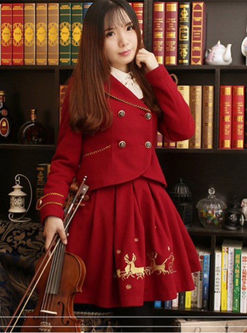 Christmas Story -Vintage Embroidery Lolita Wool Jacket & Short Skirt Set  |  Coat & Jacket