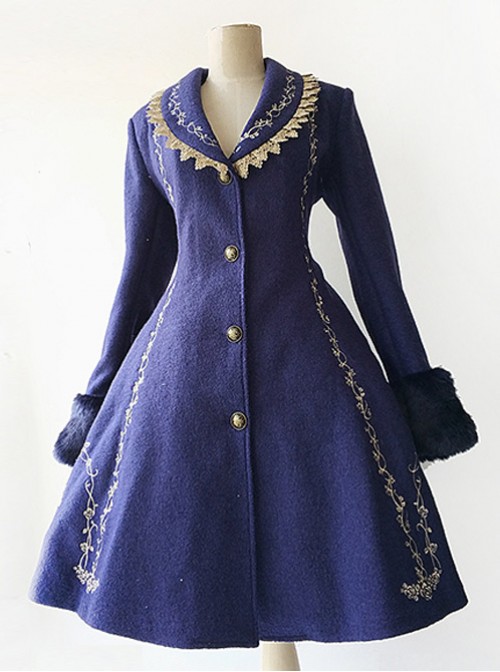 Cinderella Embroidery Version Dark Blue Lolita Winter Thickening And Cashmere Overcoat  |  Coat & Jacket