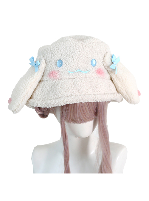 Cinnamoroll Dog Cute Big Ears Bowknot Sweet Lolita Beige Lamb Fleece Exquisite Fisherman Hat  |  Lolita Headbands