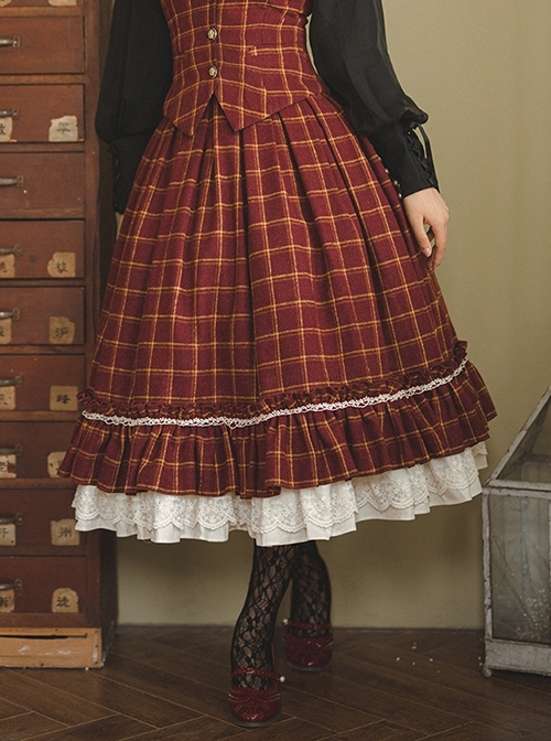 Classic Campus Plaid Design High Waist Buttons Trim Pleated Ruffle Lolita Skirt  |  Skirts