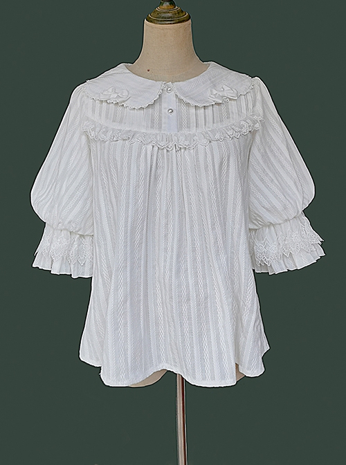 Classic Lolita Cotton Vertical Stripes Pleated Lace Trim Doll Neckline Bow Knot Decoration Flared Sleeve Blouse  |  Blouses