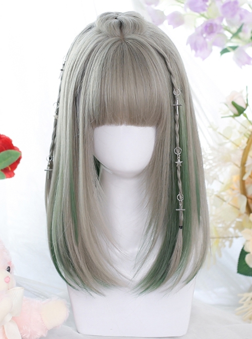 Classic Lolita Cute Bangs Nature Gray Medium Length Straight Hair Match Green Wigs  |  Wigs