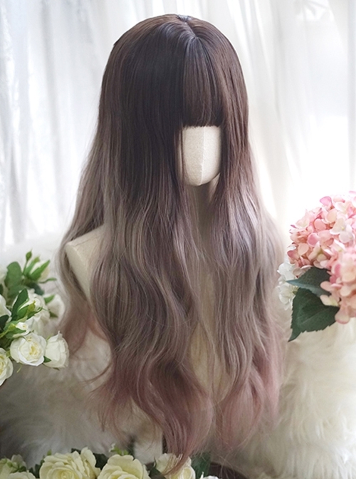 Classic Lolita Gray-Brown Gradient Natural Long Curly Hair Air Bangs Long Wig  |  Wigs