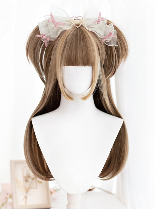 Classic Lolita Natural Cute Long Straight Hair Mini Double Ponytail Clip Decoration Air Bangs Long Wigs  |  Wigs