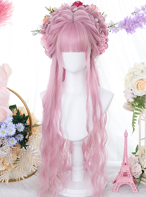 Classic Lolita Pink Air Bangs Cute Water Ripple Curl Long Wigs  |  Wigs