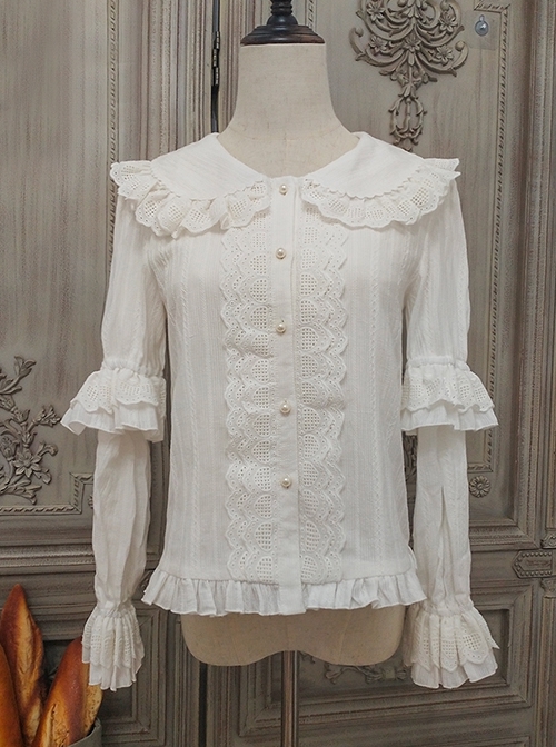 Classic Lolita Pleated Hollow-Out Ruffles Design Doll Neckline Decoration Detachable Sleeves Daily Shirt  |  Blouses