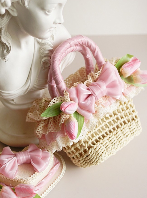 Classic Lolita Pleated Lace Tulip Flower Bow Decoration Cute Straw Woven Basket  |  Lolita Bags