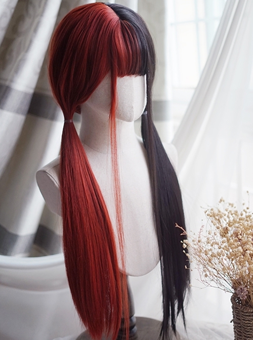 Classic Lolita Red And Black Stitching Fashion Long Straight Hair Air Bangs Decoration Long Wig  |  Wigs