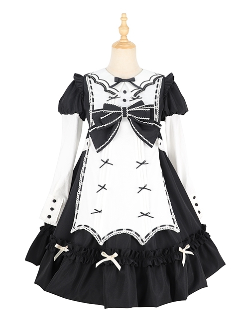 Classic Lolita Retro White Apron Decoration Demon Maid Style Pleated Bow Knot Black Doll Dress  |  Classic Lolita Dresses