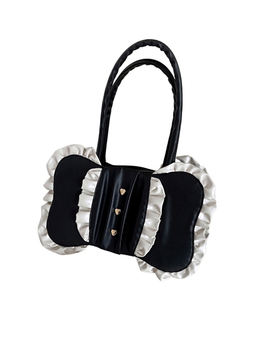 Classic Lolita Ruched Ruffled Metal Heart-Shaped Decoration Oversized Bow Design Bag  |  Lolita Bags