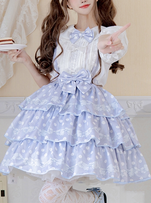 Classic Lolita SK White Polka Dot Design Three-Layer Pleated Hem Bow Knots Print Strap Skirt  |  Skirts