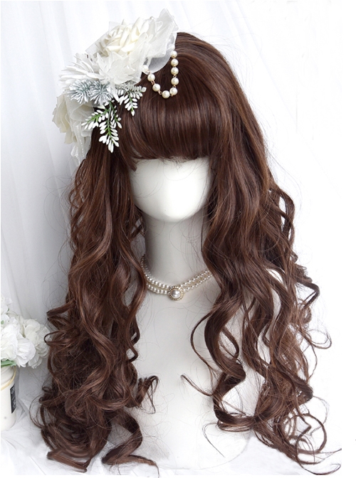 Classic Lolita Vintage French Style Wavy Curl Air Bangs Decoration Sweet Caramel Brown Long Hair Wig  |  Wigs