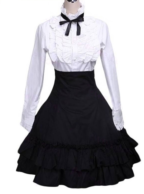 Classic White Cotton Lolita Blouse & Black Lace Lolita Skirt  |  Classic Lolita Dresses