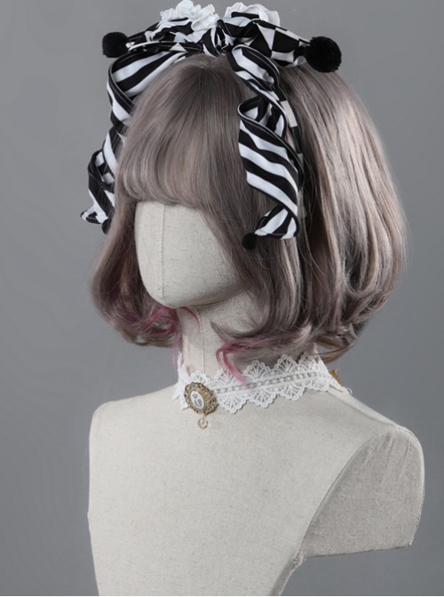 Clown Girl Series Black And White Stripes Bowknot Lolita Head Band  |  Lolita Headbands